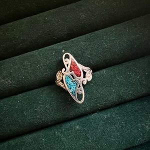 Turquoise & Coral Chip Vintage Ring, Size 6, Pewter Cast
